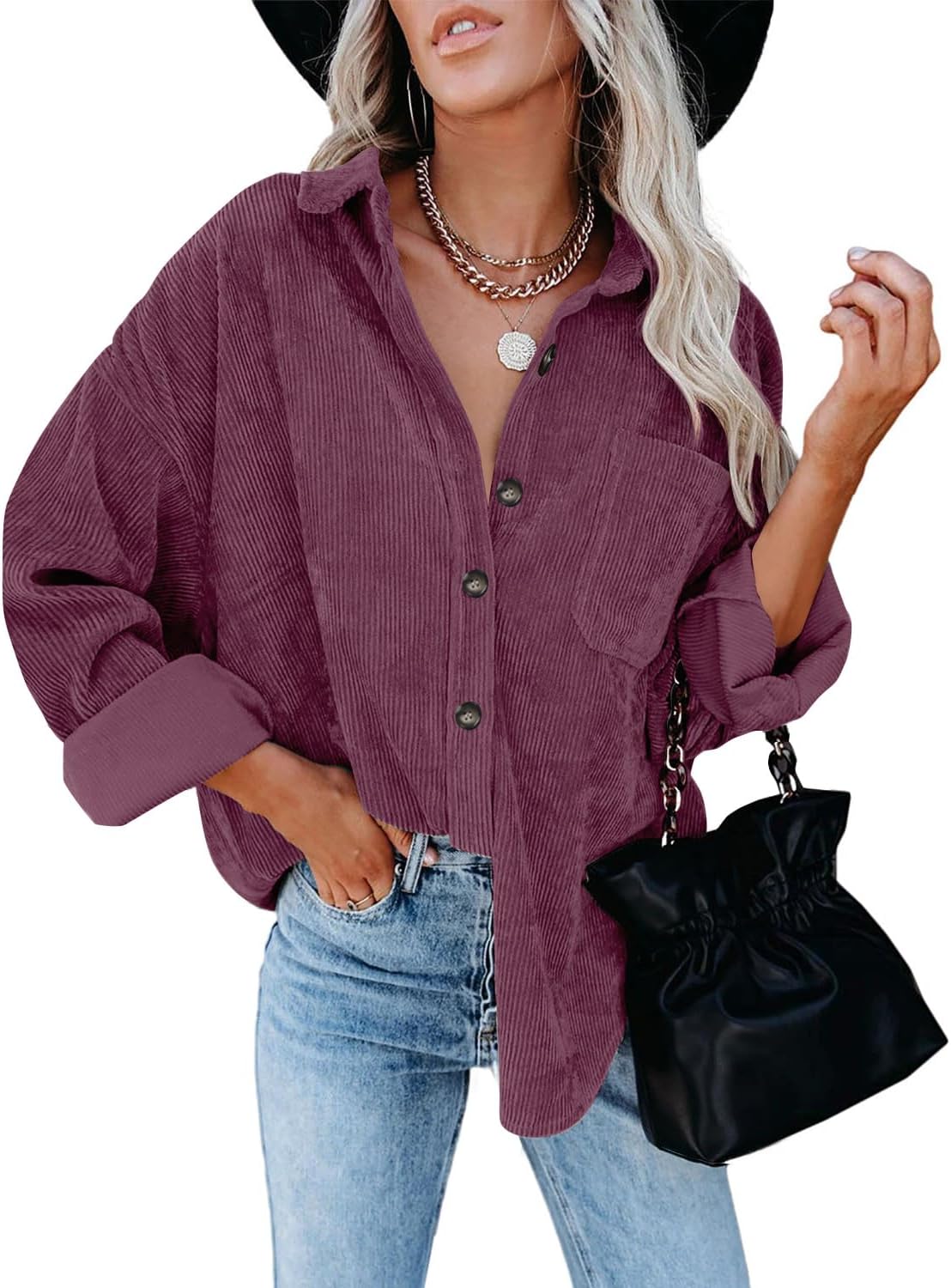 ZOLUCKY Womens Shackets Jacket Plus Size Long Sleeve Button Down Shirts Blouses Tops
