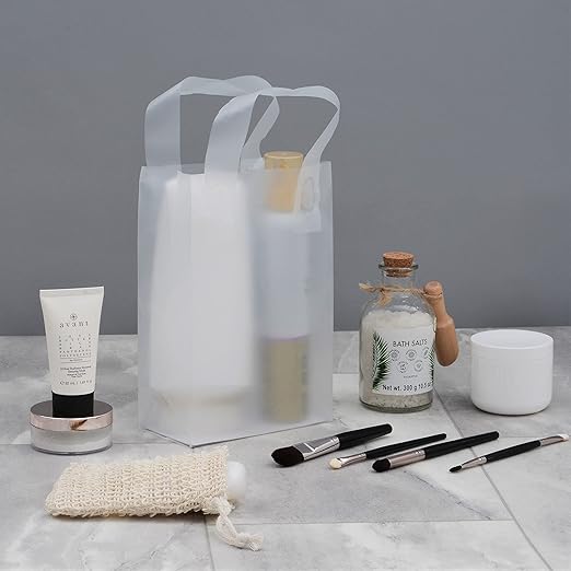 Prime Line Packaging Clear Gift Bags with Handles, Frosted White Plastic Shopping Totes for Small Business, Boutiques, Retail, Bulk, 6x3x9 50 Pack