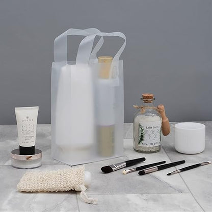 Prime Line Packaging Clear Gift Bags with Handles, Frosted White Plastic Shopping Totes for Small Business, Boutiques, Retail, Bulk, 6x3x9 50 Pack