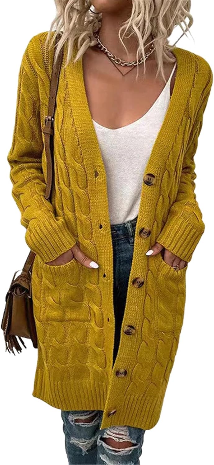 Women's Twists Knitted Loose Sweater Overcoat with Pocket Fashion Front Button
