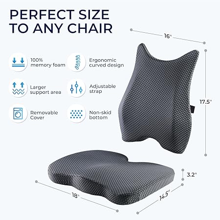 Seat Cushion  Lumbar Support Pillow: Memory Foam Chair Pad Back Cushion for Office Chair Car Seat Wheelchair Travel, Reduce Tailbone Pressure and Improve Comfort, Orthopedic Sciatica Hip Pain Relief