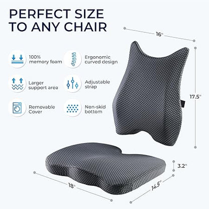Seat Cushion  Lumbar Support Pillow: Memory Foam Chair Pad Back Cushion for Office Chair Car Seat Wheelchair Travel, Reduce Tailbone Pressure and Improve Comfort, Orthopedic Sciatica Hip Pain Relief