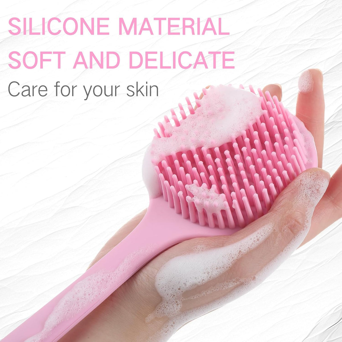 Sunnyray (1 Pack) Silicone Back Scrubber with 15" Long Handle - Double-Sided Bath Body Brush for Exfoliating &Easy to Clean & Quick Dry, Deep Cleaning, Lathers Well for Shower(Pink)