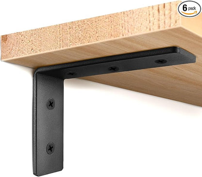 6 Pack Heavy Duty Floating Shelf Brackets, Black Metal L Wall Brackets, DIY Industrial Shelf Brackets - L 6" x H 4" x W 1.6" ( 15 Inch Thicked )