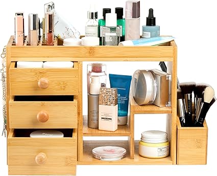 Elsjoy Bamboo Makeup Organizer with 3 Drawers  12-Grid Lipstick Holder, Desk Bamboo Vanity Jewelry Organizer, Countertop Cosmetic Storage Box Stand with Hooks for Hanging Jewelry