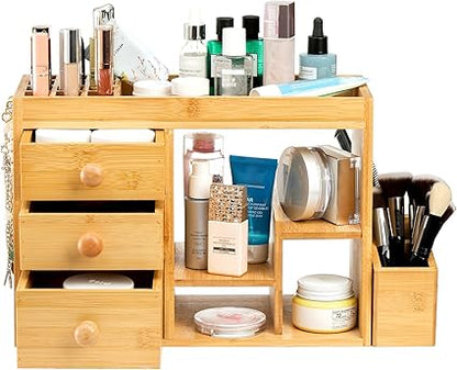 Elsjoy Bamboo Makeup Organizer with 3 Drawers  12-Grid Lipstick Holder, Desk Bamboo Vanity Jewelry Organizer, Countertop Cosmetic Storage Box Stand with Hooks for Hanging Jewelry