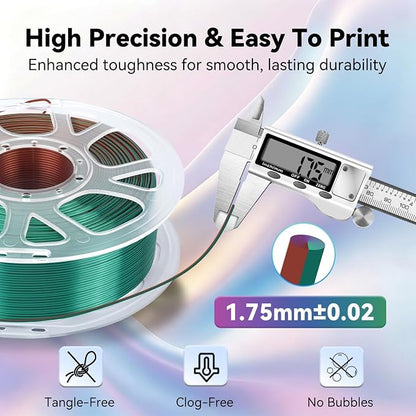 Kingroon PLA Filament, Multicolor Silk PLA Filament, Tri Color 3D Printer Filament, 1.75 mm, Dimensional Accuracy +/- 0.03 mm, 1kg Spool(2.2lbs), Green Purple Copper