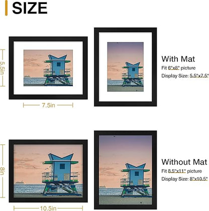 decorUhome 8.5x11 Picture Frame, Display Pictures 6x8 with Mat or 8.5x11 without Mat, Black Engineered Wood Photo Frame with Plexiglass for Wall & Tabletop Display, Picture Frames 8.5x11 Set of 4
