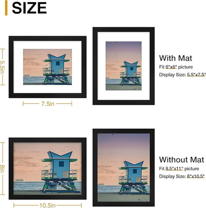 decorUhome 8.5x11 Picture Frame, Display Pictures 6x8 with Mat or 8.5x11 without Mat, Wall  Tabletop Display Certificate Frame, Black, 2 Pack