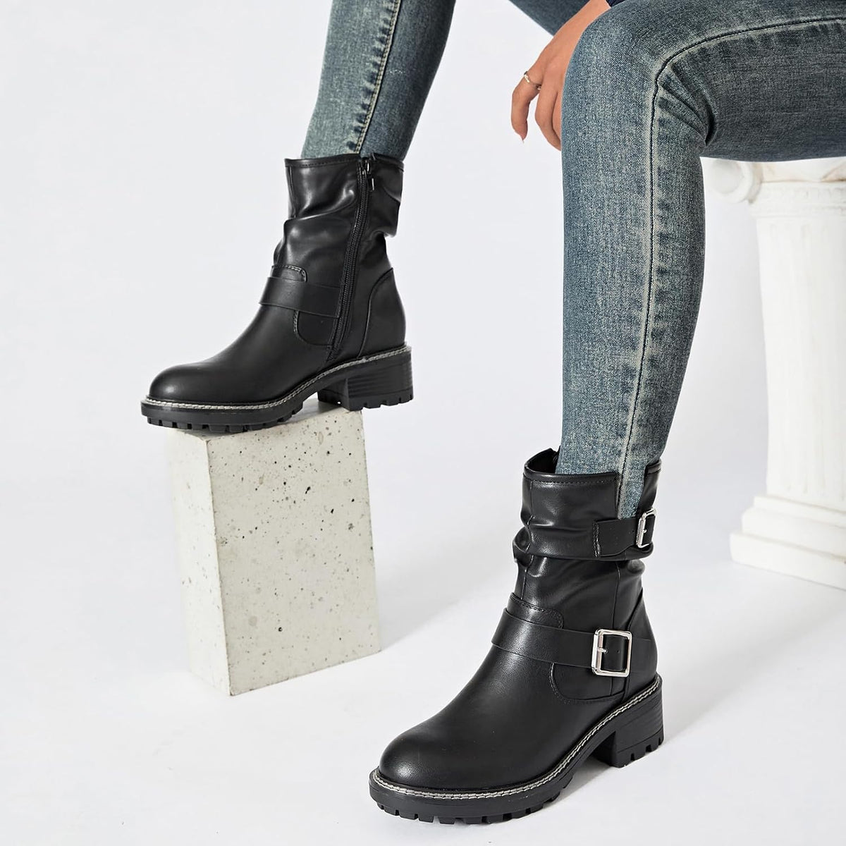 Ruiee Ankle Boots for Women Combat Boots Low Heel Short Booties Round Toe Side Zipper Womens Boots.