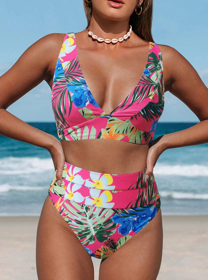 Women's Leopard Bikini Swimsuits V Neck High Waisted 2 Piece Bathing Suits