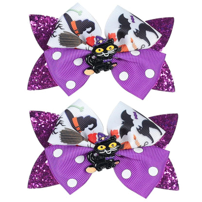 2PCS Hair Bows for Girls, Purple Hair Bow Clips, Black Cat Halloween Hair Clips, Sequin Bow Alligator Clip, Halloween Ghost Costume Dress Accessories Gift for Teens Girls