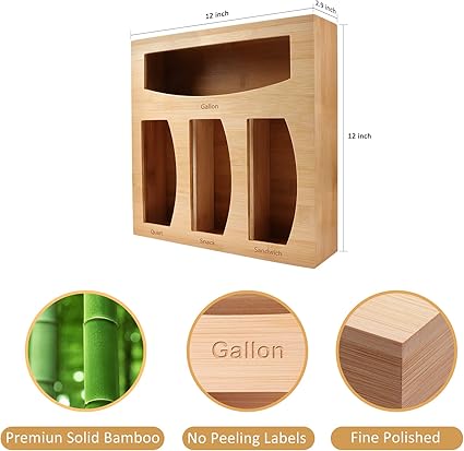 Ziplock Bag Organizer for Kitchen Plastic Bag Storage, Premium Bamboo Organizer, Food Storage Bag Holders for Gallon, Quart, Sandwich and Snack Variety Size Bag
