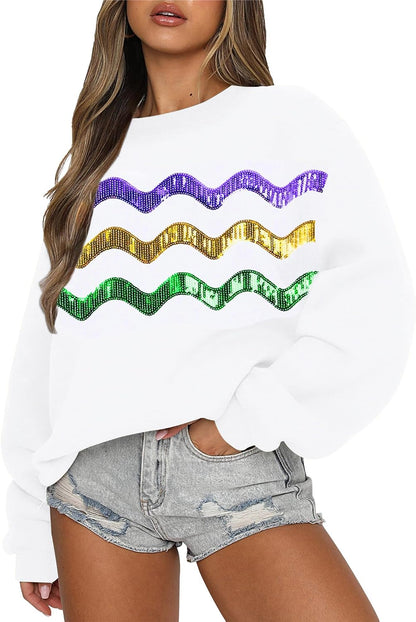 LUKYCILD Mardi Gras Sweatshirt Women Stripes Fat Tuesday Shirt Mask Graphic Carnival Long Sleeve Tee New Orleans Party Top