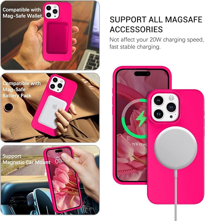 BENTOBEN for Magnetic iPhone 13 Pro Max Case, Phone Case iPhone 13 Pro Max [Compatible with Magsafe] Slim Silicone Design Shockproof Bumper Drop Protective Girls Women Boys Men Magnet Cover, Hot Pink