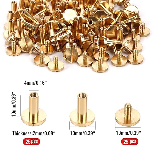 Chicago Binding Screws - 4mm x 10mm Binding Posts - 10mm Phillips Nut - Chicago Screw Binding Post Screw Kit for DIY Leather Decoration Scrapbook Photo Albums (Brass, 25 PCS)