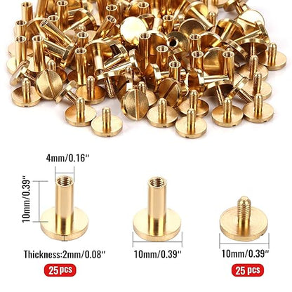 Chicago Binding Screws - 4mm x 10mm Binding Posts - 10mm Phillips Nut - Chicago Screw Binding Post Screw Kit for DIY Leather Decoration Scrapbook Photo Albums (Brass, 25 PCS)
