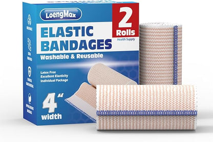 Elastic Bandage Wrap 4” Wide, 2 Pack | High-Performance Compression Bandage Wrap | Reusable | Excellent Elasticity for Legs, Ankle, Knee, Tummy, Body, Wrist | Sports & Outdoors (2 Pack)