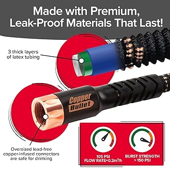 Pocket Hose Copper Bullet Expandable Garden Hose 100 FT w10 Pattern Thumb Spray Nozzle AS-SEEN-ON-TV 650psi 34 in Patented Lead-Free Ultra-Lightweight Solid Copper Anodized Aluminum FittingsNo-Kink
