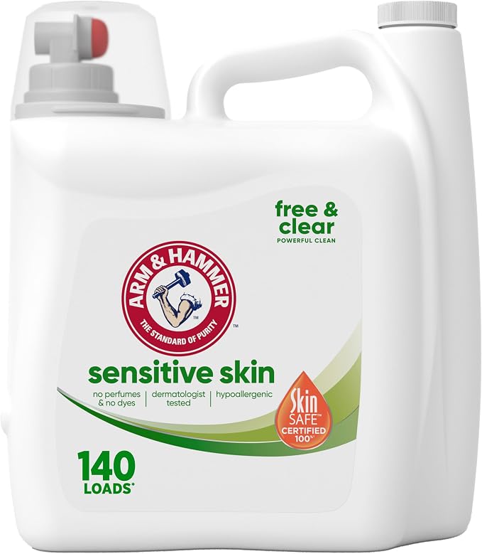 ARM & HAMMER Sensitive Skin Free & Clear Liquid Laundry Detergent Hypoallergenic, Dye Free, Dermatologist Tested, 140 Loads, 140 fl oz