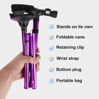 Folding Cane with Led Light, Adjustable Canes for Men and Women, Walking Stick for Elderly with Cushion Handle and Pivoting Quad Base for Hiking Mountain Climbing Backpacker…