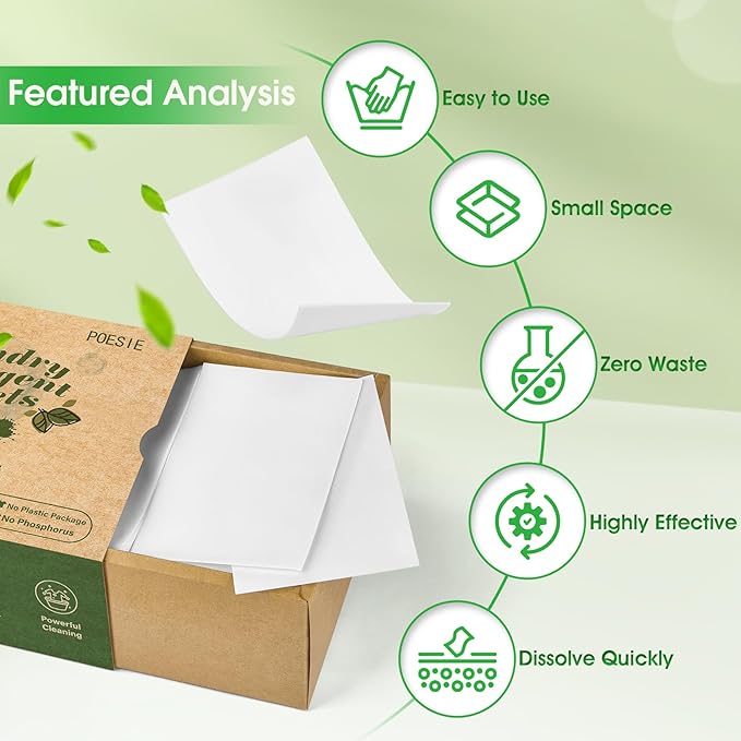 Poesie Laundry Detergent Sheets Fresh Scent 160 Sheets Clear Non-Plastic Hypoallergenic Liquid Less Sheets for Home Dorm Travel Camping  Hand Washing Clean No Waste