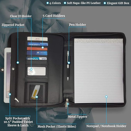 Leather Business Portfolio with Zipper - Black Portfolio Binder Organizer - Padfolio for Men & Women with 10.5 Inch Tablet Pocket by Lautus Designs