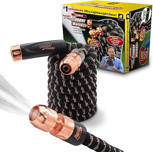 Pocket Hose Copper Bullet AS-SEEN-ON-TV Expands to 25 ft REMOVABLE Turbo Shot Multi-Pattern Nozzle 650psi 3/4 in Solid Copper Anodized Aluminum Fittings Lead-Free Lightweight No-Kink Garden Hose