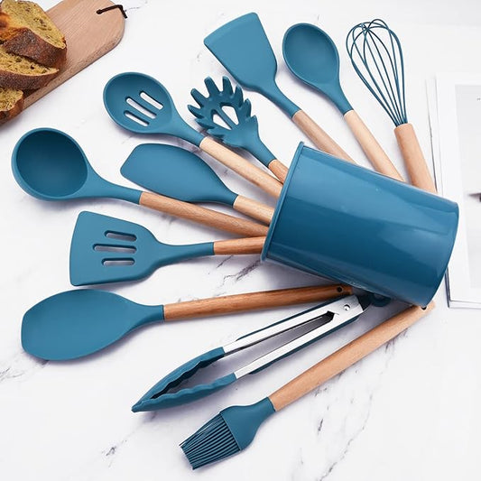 1pc Blue Pasta Spoons Silicone Pasta Server with Teeth, Wooden Handle Pasta Fork Kitchen Utensils, Heat Resistant for Pasta Noodle Spaghetti Strainer