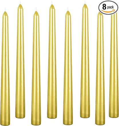Kemladio 8 pcs 10 inch Gold Taper Candles, Burning Unscented Tapered Candles 8 hrs, Long Candle Sticks,Dinner Candle,Tall Candle Sticks, Halloween Candles (8pcs, Golden)