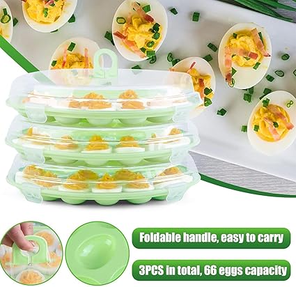 HANSGO 3PCS Deviled Egg Platter and Carrier With Lid - 66 Egg Slots for Parties and Home Kitchen