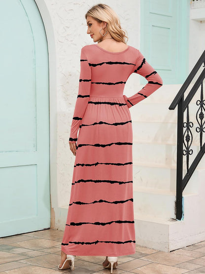 Small Pink Camouflage DEARCASE Women's Maxi Dress Long Sleeve Crewneck Loose Plain Casual Empire Waist Fall Party Long Dresses with Pockets