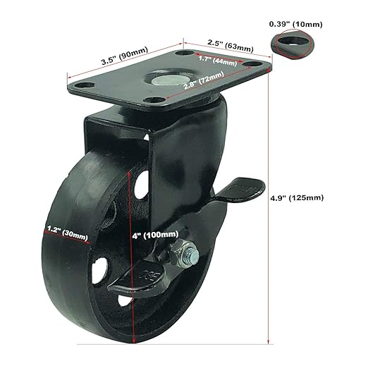 Seleq All Black Metal Plate Caster Wheel with Side Break 4" Set of 4