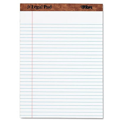 TOPS 75330 "The Legal Pad" Ruled Pads, LegalWide, 8 12 x 11 34, White, 50 Sheets