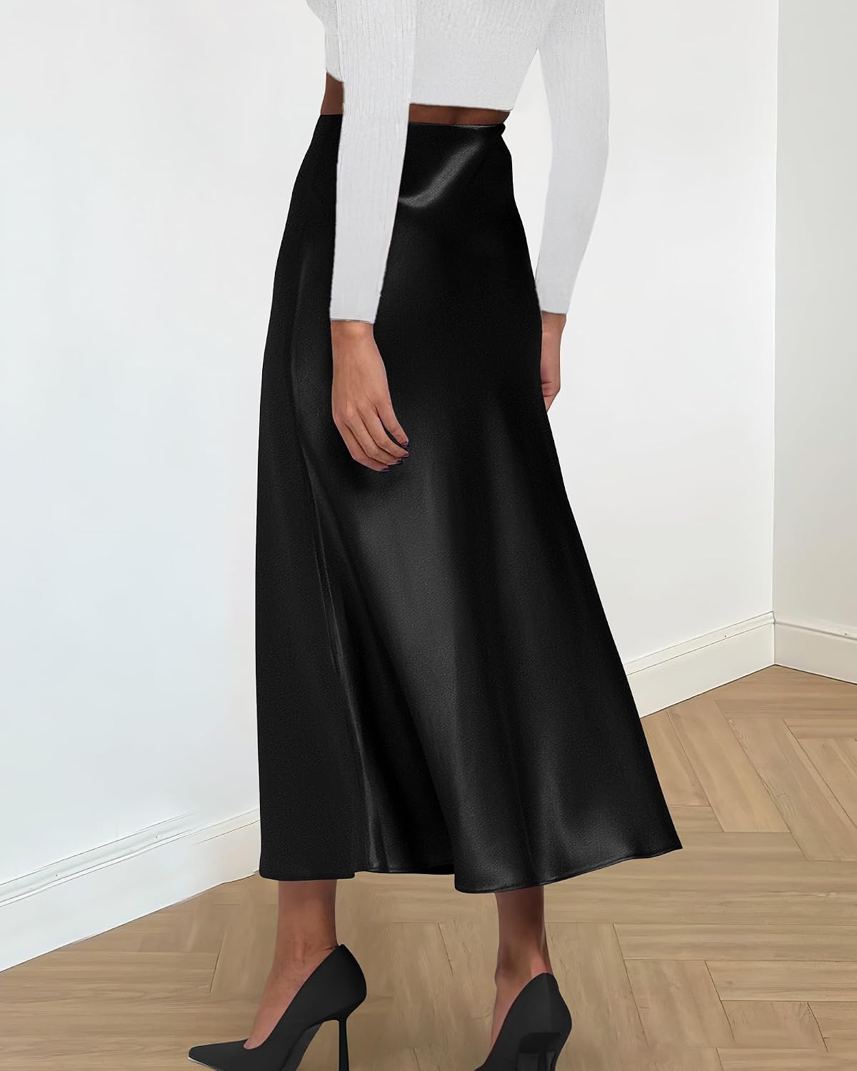 High-quality satin midi skirt from BTFBM, flowy A-line silhouette, elegant design, perfect for any special occasion.