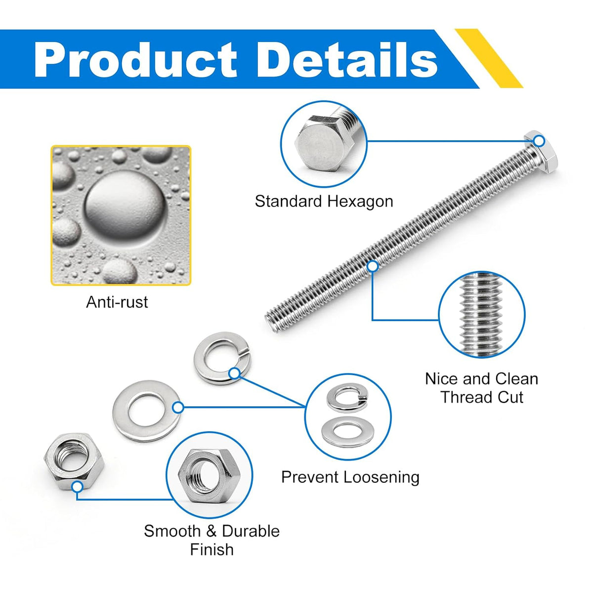 3/8-16 x 5 Hex Bolts Set, 5 Sets 3/8"-16 Thread 5 Inches Long, Hexagon Bolt Nuts, Flat & Lock Washers, Stainless Steel 304 Right Hand Fully Thread Heavy Duty Hex Bolts Assortment Kit