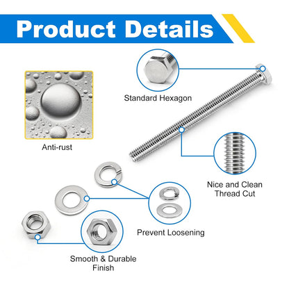 3/8-16 x 5 Hex Bolts Set, 5 Sets 3/8"-16 Thread 5 Inches Long, Hexagon Bolt Nuts, Flat & Lock Washers, Stainless Steel 304 Right Hand Fully Thread Heavy Duty Hex Bolts Assortment Kit