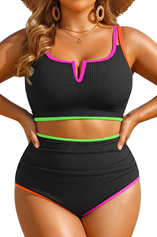 Yonique Women Plus Size High Waisted Bikini - Ribbed Two Piece Swimsuit Tummy Control Bathing Suit V-Wired 2026 Swimwear