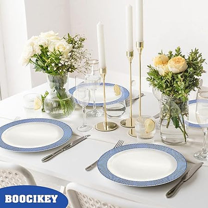Blue Plastic Plates,7.5 Inch Blue Dessert Plates,White with Blue Rim Premium Plastic Appetizer PlatesSmall Cake Plates for Weddings Easter Graduations Party