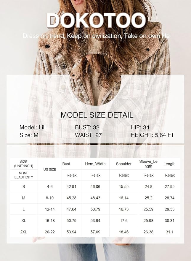 Dokotoo Womens Plaid Shacket Jacket Long Sleeve Button Down Fleece Hooded Jackets Warm Coat