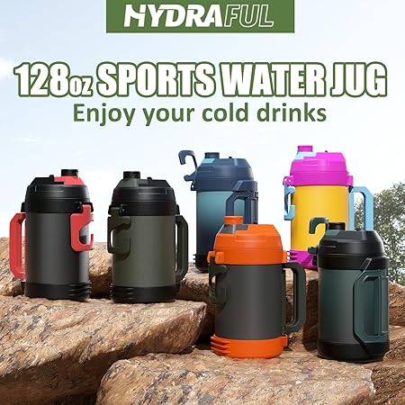 Hydraful 1 Gallon Water Jug, 128 oz Large Insulated Stainless Steel Sports Water Jug, Large Triple Wall Vacuum Insulation Water Bottle-Keeps Cold up to 48 Hrs-Sweat Proof, for Gym, Hiking  Camping