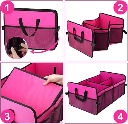 Trunk Organizer for Car, 72L Large Capacity Car Trunk Organizer, Collapsible Multiple Compartments Trunk Organizers,Suitable for A Variety of Cars, SUV, Mini-Van, Pink