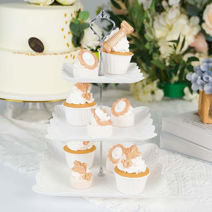 Efavormart 13"  3 Tier Floral Print Cupcake Stand, White Square Dessert Tray Display Holder with Wavy Edges - Plastic