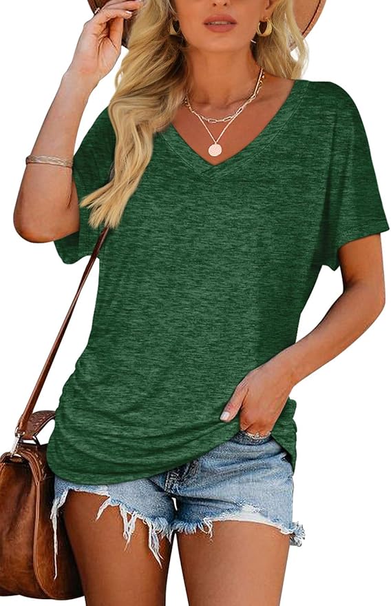 WIHOLL Womens Short Sleeve V Neck Dolman Tops with Side Shirring Loose Fit Shirts