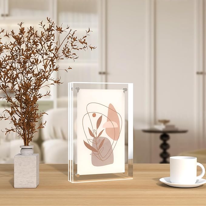 ILYXY 5 Pack Acrylic Frame 5x7, 20 Thicker, 24mm Thick Frameless Clear Picture Frame, Double Sided Magnetic Photo Frame, Free Standing Desktop Display Stand Acrylic Picture Frames