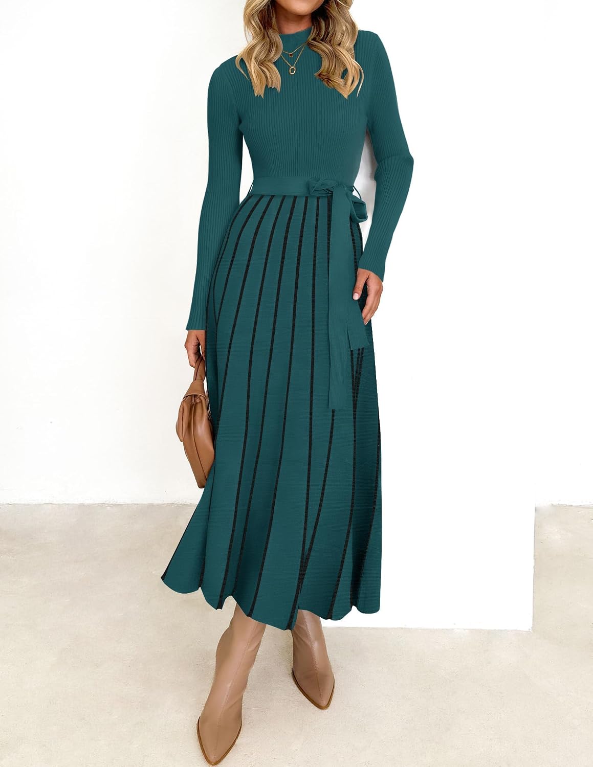 ZESICA turtleneck sweater dress, soft, stretchy ribbed knit, flattering A-line silhouette, casual yet trendy look.