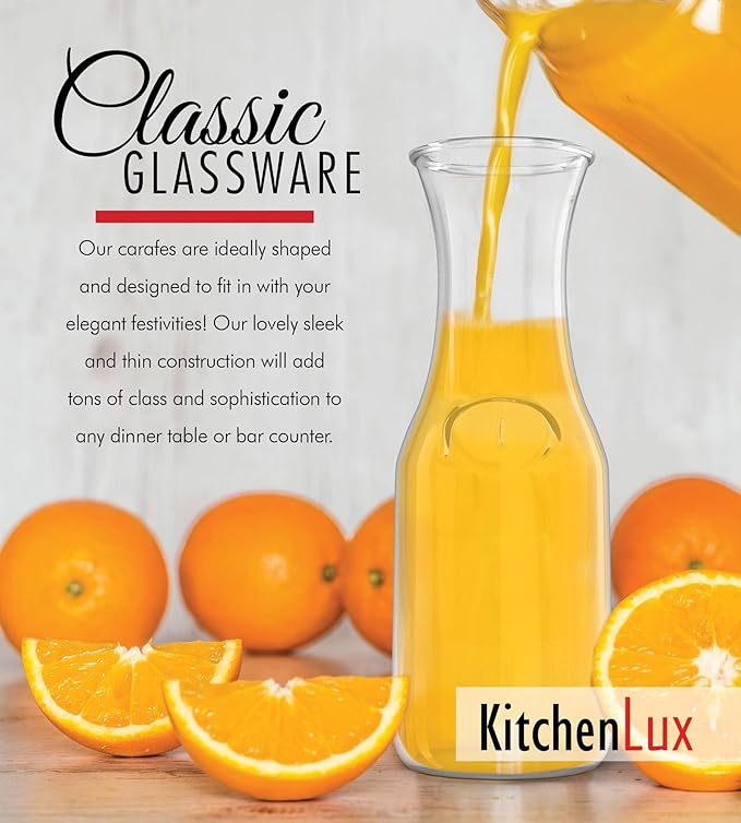 1 Liter Glass Carafe - Elegant Wine Decanter and Drink Pitcher - Narrow Neck For Comfortable Grip, Wide Mouth For Easy Pouring - Great for Parties and Events  Kitchen Lux