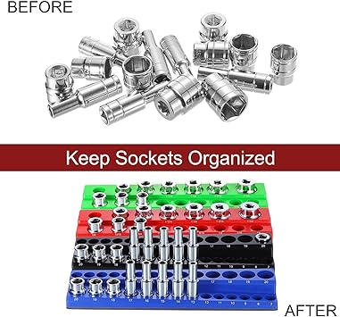 HARFINGTON Magnetic Socket Organizer 12" Drive Metric Socket Holder Tray Socket Storage Rack Holds 19 Standard and Deep Size Sockets, Blue
