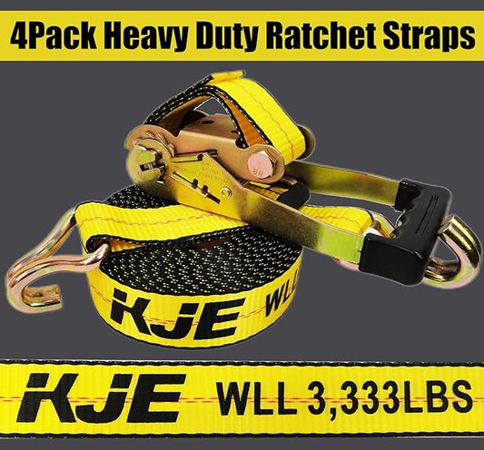 KJE 4 Pack Ratchet Straps Heavy Duty,2" x 27' Ratchet Strap 3,333 Lbs Working Load Limit,Tie Down Ratcheting with J-Hook, Cargo Straps for Truck,Trailer,Moving Appliances