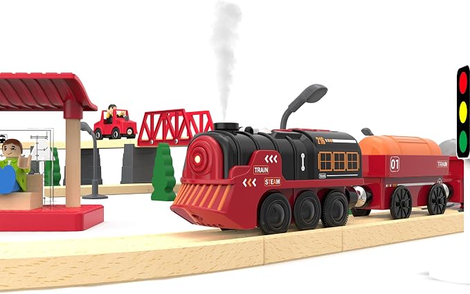 Toy Train Electric Train Set for Wooden Tracks, Christmas Motorized Train Toys for Toddlers, Battery Operated Train Includes Lights, Sounds, Smoke, Steam Train Compatible with Thomas, Brio